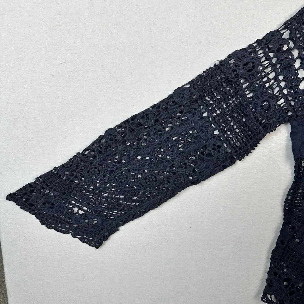 Anthropologie Deletta Crochet Lace Top Navy Blue Sz L Witchy Boho Coquette
